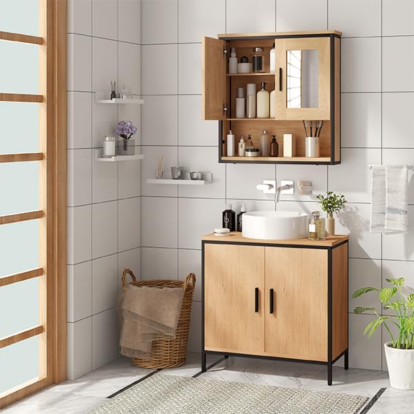 Eugad Armoire de toilette avec 2 portes et miroir Chêne clair 56 x 13 x 60 cm