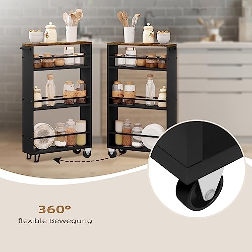 Woltu Kitchen Trolley with 3 Levels - étagère de cuisine en bois avec roues et poignée - Vintage Brown Black - 47 x 80 x 13 cm