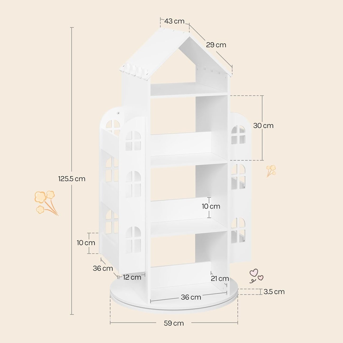 Woltu Revolving Children's Bookcase White 63x59x125 cm - Meuble de rangement Montessori à 4 niveaux et compartiments latéraux