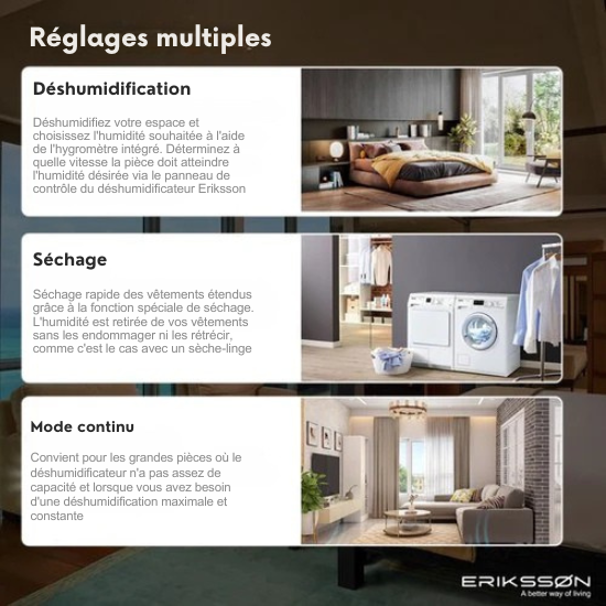 Déshumidificateur - Erikssøn – 16L / jours - Fonction Séchage Linge - Adapté pour Chambre, Salle de Bain, Salon - Blanc