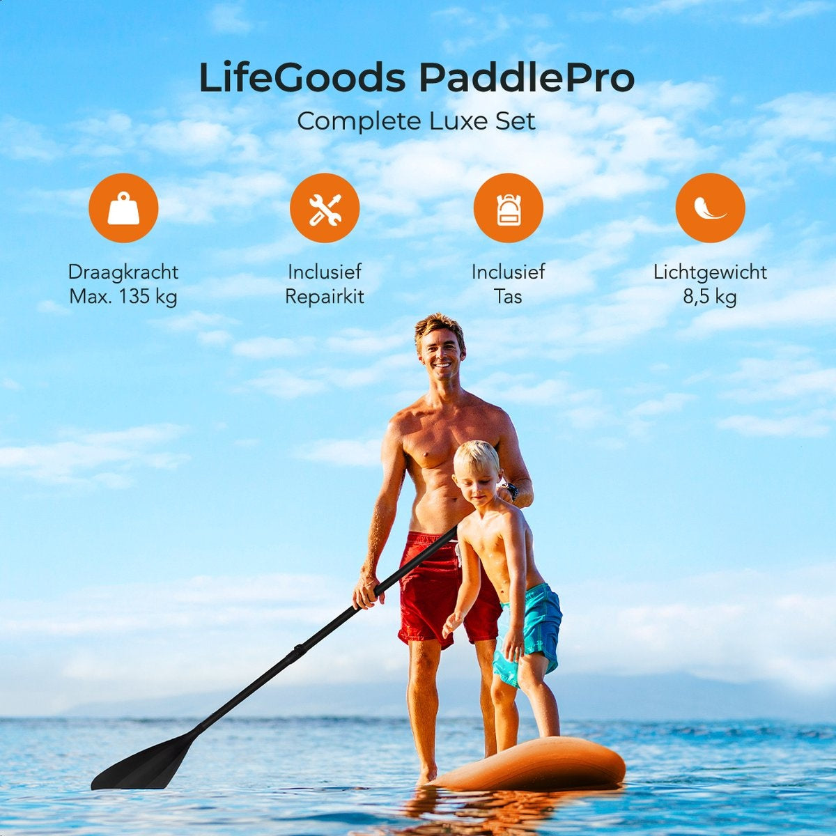 LifeGoods SUP Board - Deluxe Set - avec siège - Planche à pagaie gonflable - Max. 135KG - 320x81cm - Orange