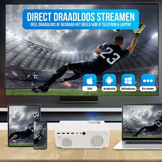 Strex Beamer - 1080P Full HD - 15000 Lumen - Streaming sans fil - Sacoche/écran de projection inclus - WiFi - Bluetooth - Mini Beamer - Projecteur