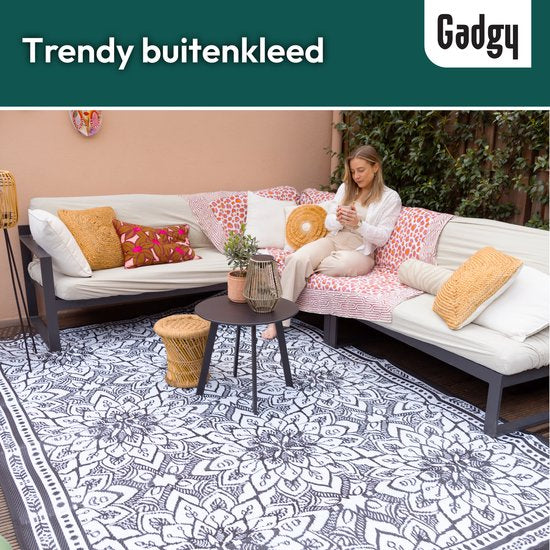 Tapis d'extérieur Gadgy XXL - Tapis d'extérieur 300x200 cm - Tapis de jardin double face - Tapis de pique-nique noir et blanc - Tapis d'extérieur