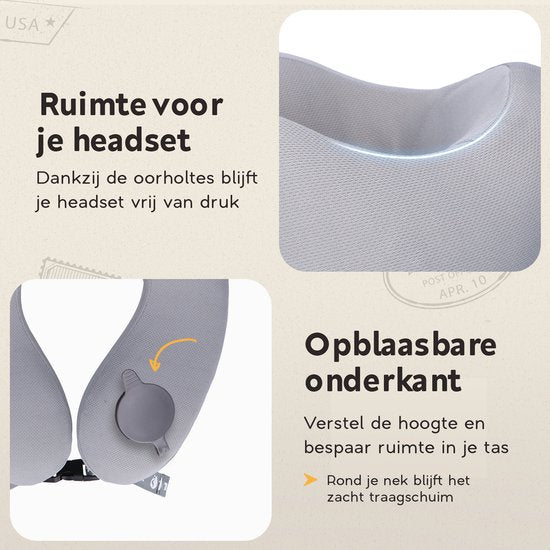 TRAVARA Oreiller cervical « The Airhugger » - Oreiller de voyage - Pour l'avion - Oreiller de voiture - Mousse à mémoire de forme - Combinaison de mousse gonflable et de mousse à mémoire de forme - Gris clair