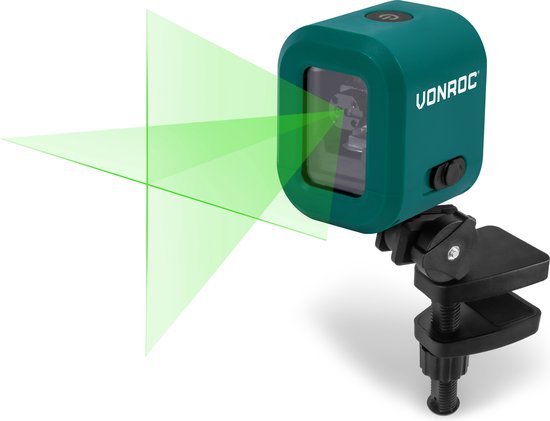 VONROC cross line laser- Vert - Batterie 4V- 1800mah - Nivellement automatique - Portée de 18 mètres - Support de montage, câble USB-C et sac de rangement inclus.