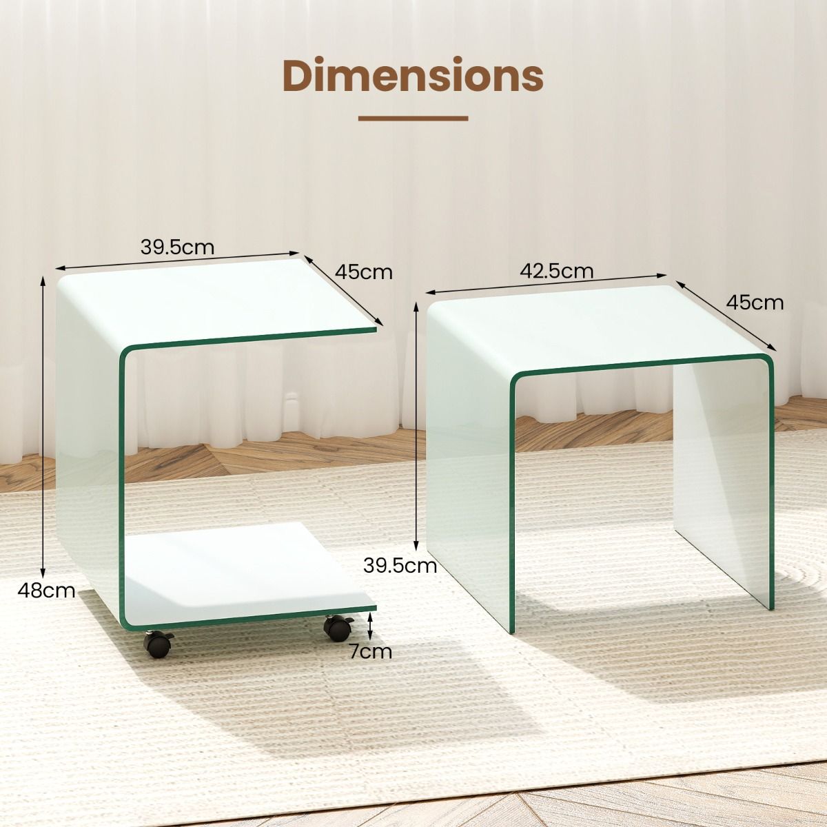 Table d'appoint Coast en forme de C - Blanche - 39,5 x 45 x 48 cm - Verre trempé - Avec roulettes verrouillables
