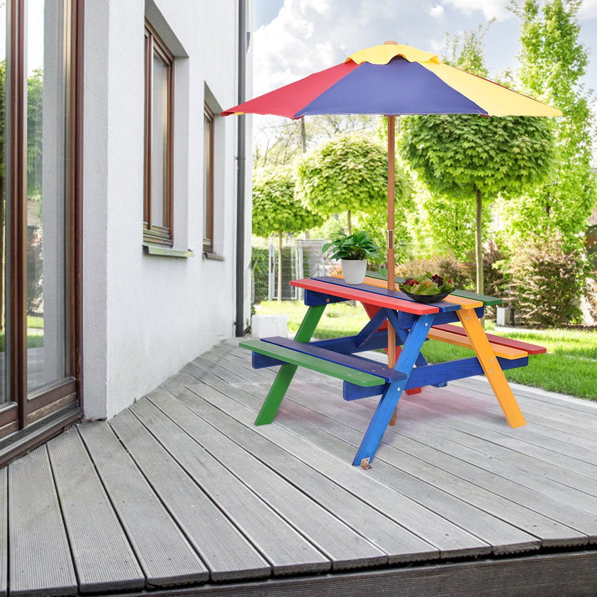 Chaise enfant Coast en bois salon de jardin meuble enfant table enfant avec parasol et 2 bancs pour l'extérieur