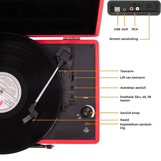 Denver Record Player - Haut-parleurs intégrés - Logiciel PC inclus - Auto-stop - Rétro - VPL120 - Rouge
