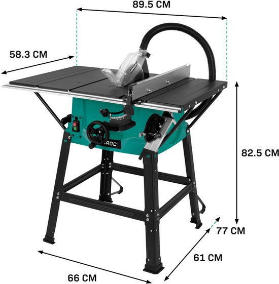 VONROC Table de sciage 2000W - Ø250mm - Grande surface de travail - Angle de sciage réglable de 0° à 45° - Avec technologie soft-start - Lame de scie 60T et support inclus