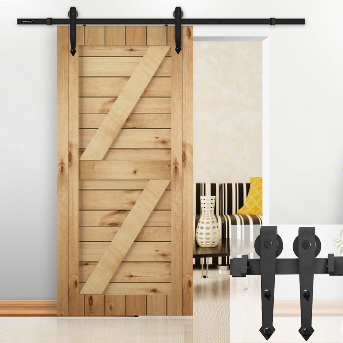 Yaheetech Ensemble de quincaillerie pour portes coulissantes 183 cm - équipé de roulettes en acier au carbone, de butoirs de porte et d'un guide de sol - pour portes en bois et en métal - fer noir - 183 x 23 x 5,5 cm