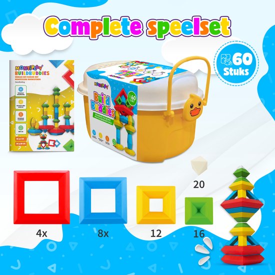 MontiPlay® Build Buddies - 60 Piece Block Tower - Jouets éducatifs Montessori - Briques et blocs à empiler - Jouets STEM et sensoriels pour les tout-petits - à partir de 3 ans - Jouets pour enfants - Blocs de construction - Toy Book 2024