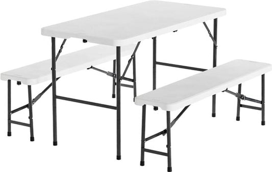 LifeGoods Set de pique-nique pliable - 124cm x 61.5cm - Table de jardin avec 2 bancs - Résistant aux intempéries - Table de camping - Table de bière pliable - Pour l'intérieur et l'extérieur - Pour 4 à 6 personnes - Blanc