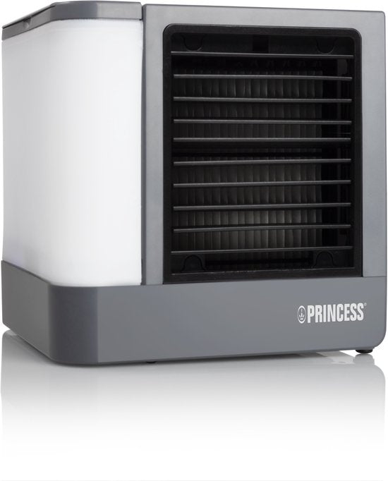 Princess 355500 Premium Mini climatiseur 14,2 x 14,2 x 14,8 cm – Climatiseur portable pour bureau ou chambre à coucher – Refroidisseur d'air USB-C, éclairage LED 7 couleurs, filtre d'évaporation d'eau amovible, refroidisseur personnel, compact pour la mai