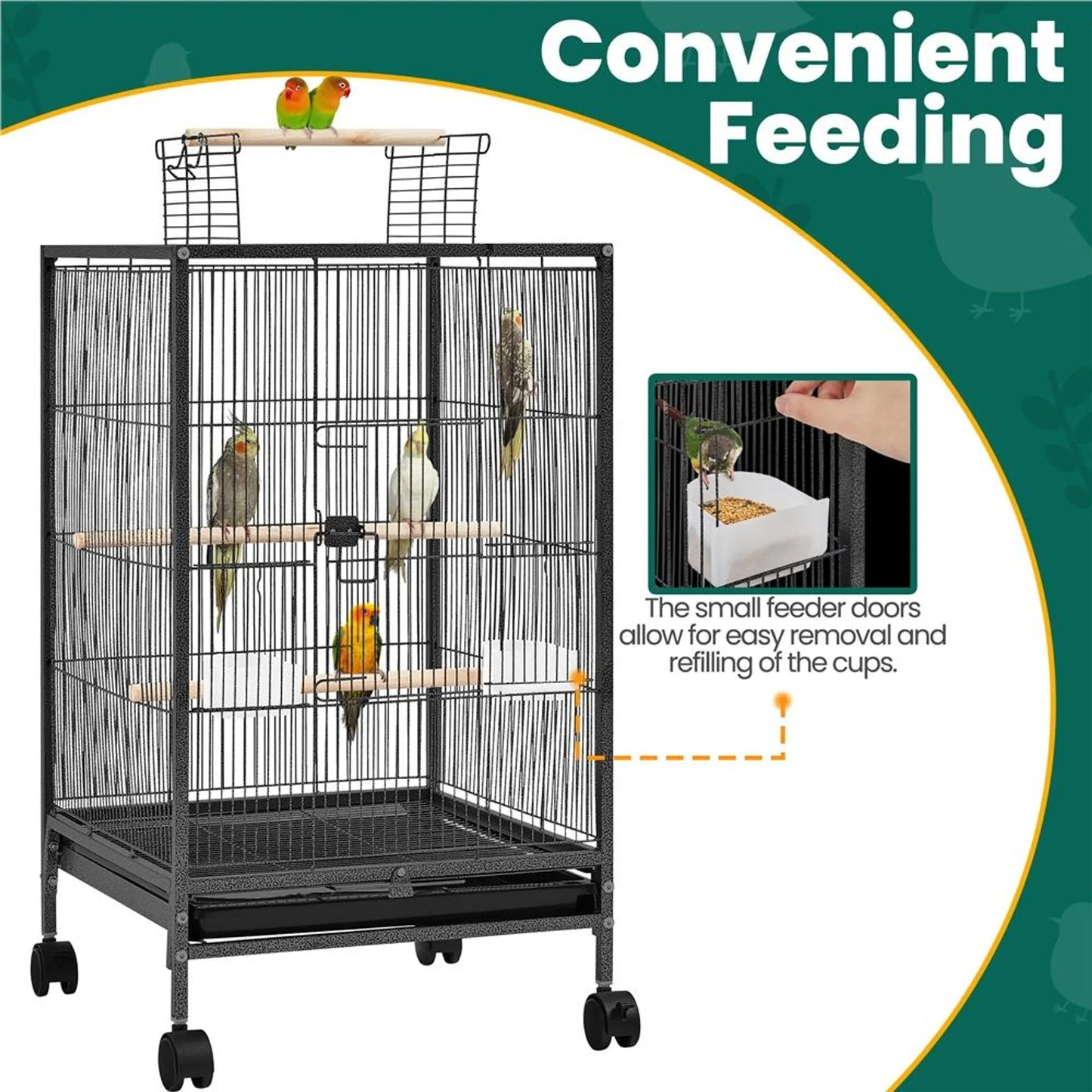 Yaheetech Cage à oiseaux avec toit ouvert - 45,5 x 45,5 x 79 cm - avec roues amovibles et tiroir inférieur extractible et revêtement en poudre martelée - pour perruches et canaris - métal noir et bois