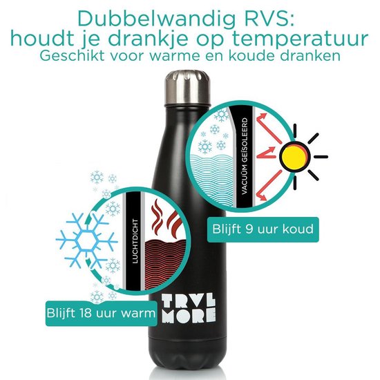 Gourde TravelMore en acier inoxydable - Tasse isotherme de sport - Gourde isotherme pour garder l'eau fraîche ou chaude - Gourde isotherme - Voiture - Fitness - Plein air - Course à pied - Adultes - Sans BPA - Double paroi - Tige - Acier - 500 ml - Noir