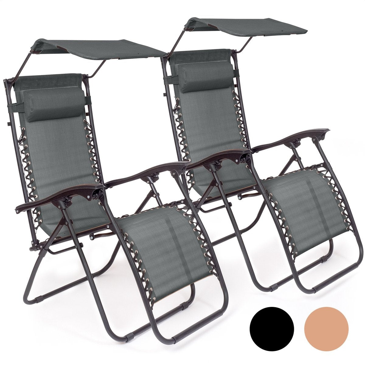 LifeGoods Chaises de jardin pliables - parasol réglable - 2 pièces - max 150kg - Gris foncé