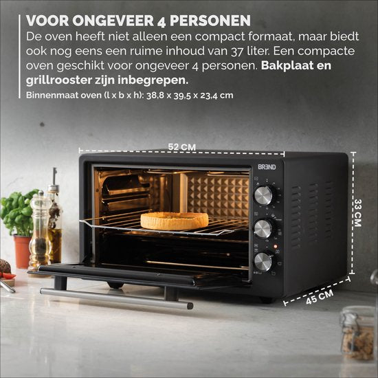 BREND BR-2210 Four électrique à poser - 37 litres - Mini four - 1500W - avec fonction autonettoyante - 90 min. Minuterie - Accessoires inclus - jusqu'à 240 degrés - acier inoxydable