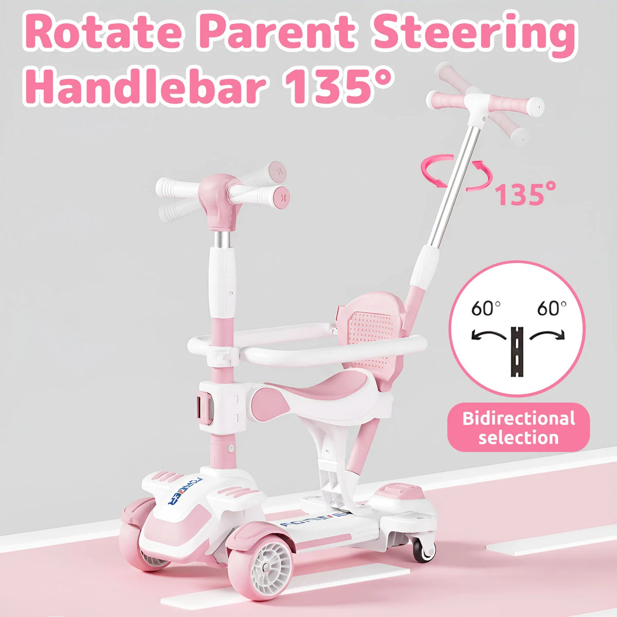 Trottinette pour enfants Neuleb à 4 roues - Siège pivotant - Réglable - Rose - De 3 à 8 ans