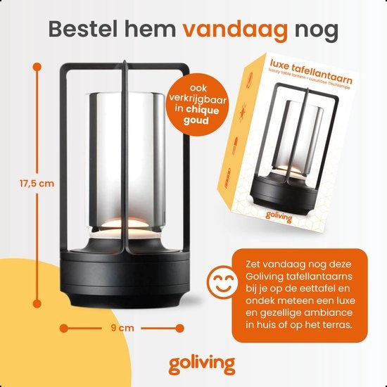 Goliving Lampe de table rechargeable - Lanterne - Sans fil et dimmable - Lampe tactile moderne - Lampe de nuit pour chambre à coucher - 17.5 cm - Noir