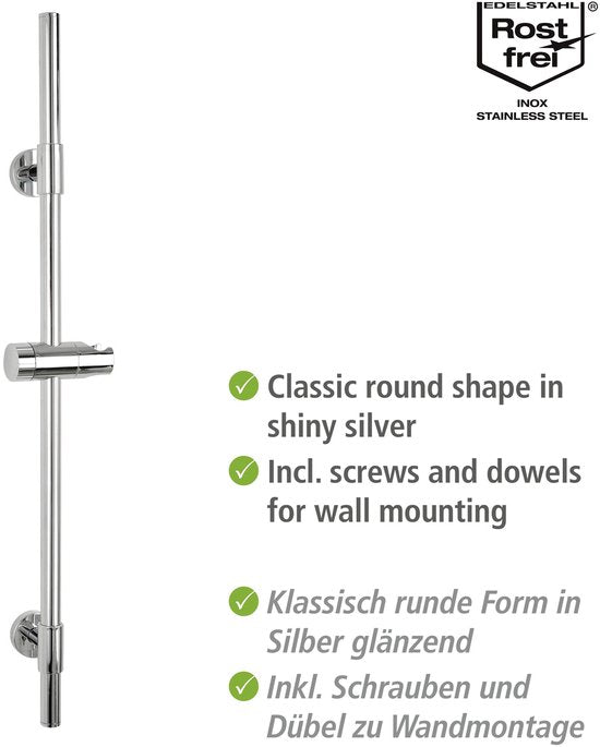 WENKO Barre de douche Basic en acier inoxydable chromé, longueur 66 cm, diamètre 19 mm, avec support de pomme de douche et 2 fixations murales - Barre de douche chromée