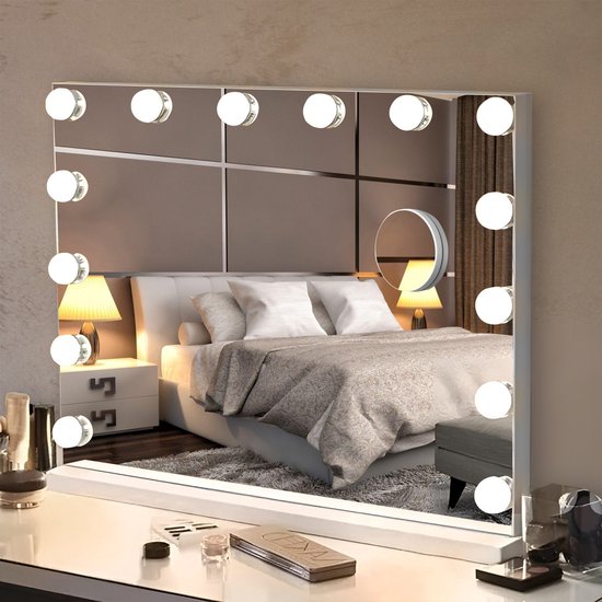 Bayt Hollywood Mirror with Lighting - Miroir de maquillage avec éclairage - Miroir avec éclairage - Dimmable - Grossissement 10x - 50x40cm - Blanc