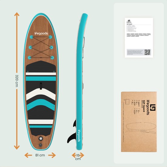 LifeGoods PaddlePro SUP Board - with Seat - Inflatable Paddle Board - Complete Set - Max. 150KG - 320x81cm - Bois/Bleu