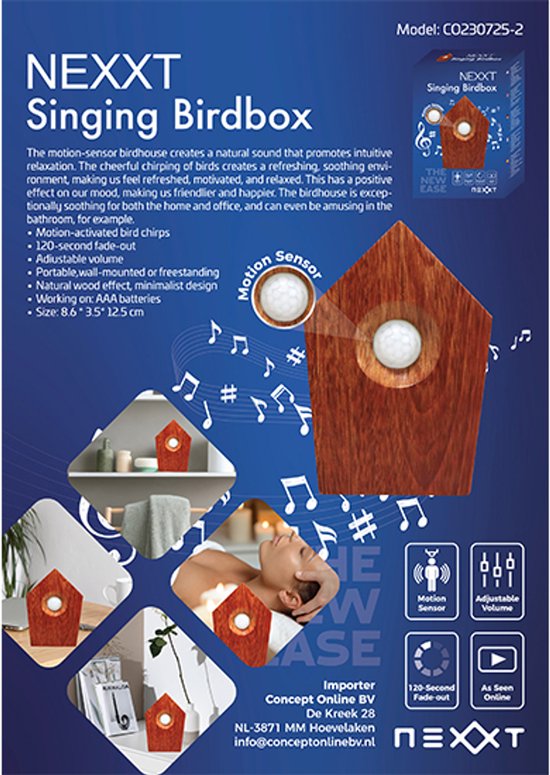 Nexxt Bird Sound House with Sensor for Toilet - Volume réglable - WC - Détecteur de mouvement - 8.6 x 3.5 x 12.5 cm - 90 g - Placard - Boîte à oiseaux - Dark Brown