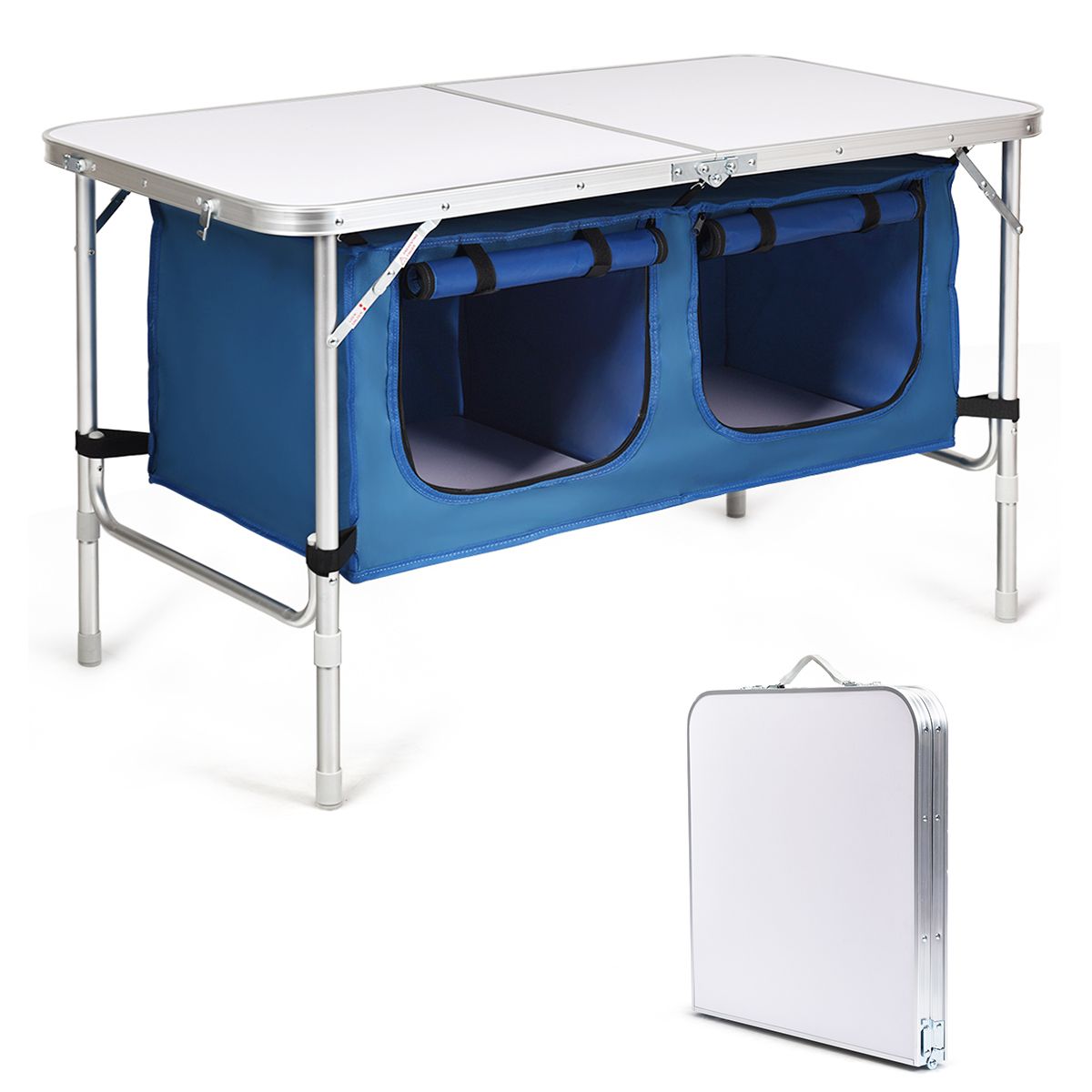 Table de camping Coast avec espace de rangement - hauteur réglable - pliable - bleu foncé 120 x 60 cm