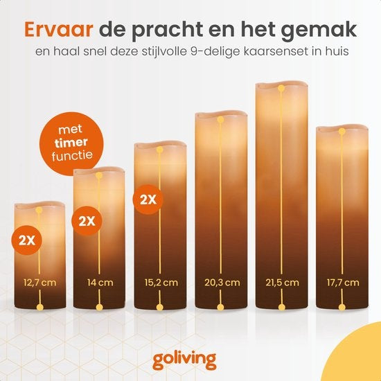 Bougies LED Goliving avec télécommande - flamme mobile - cire véritable - 2 télécommandes - lot de 9