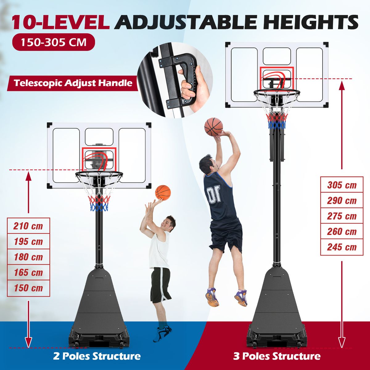 Support de basket-ball Coast avec roulettes - réglable en hauteur - adapté aux enfants et aux adultes - noir
