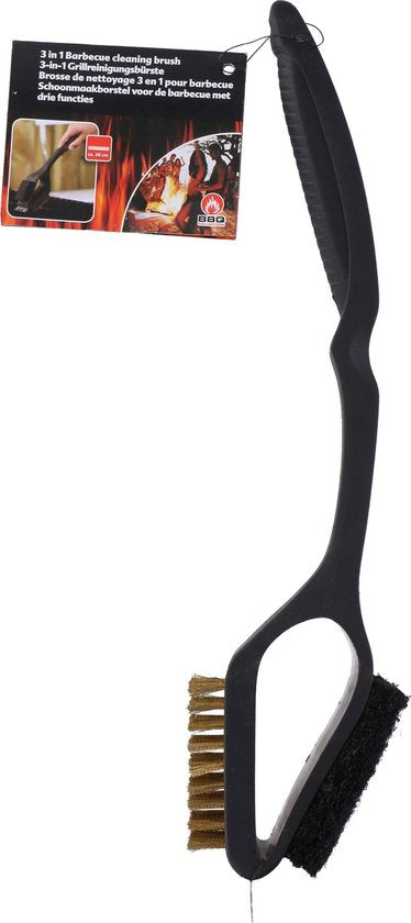 BBQ Collection Brosse de nettoyage pour barbecue - 3 en 1 - Brosse en acier - Éponge à récurer - Grattoir - 38 cm - Noir