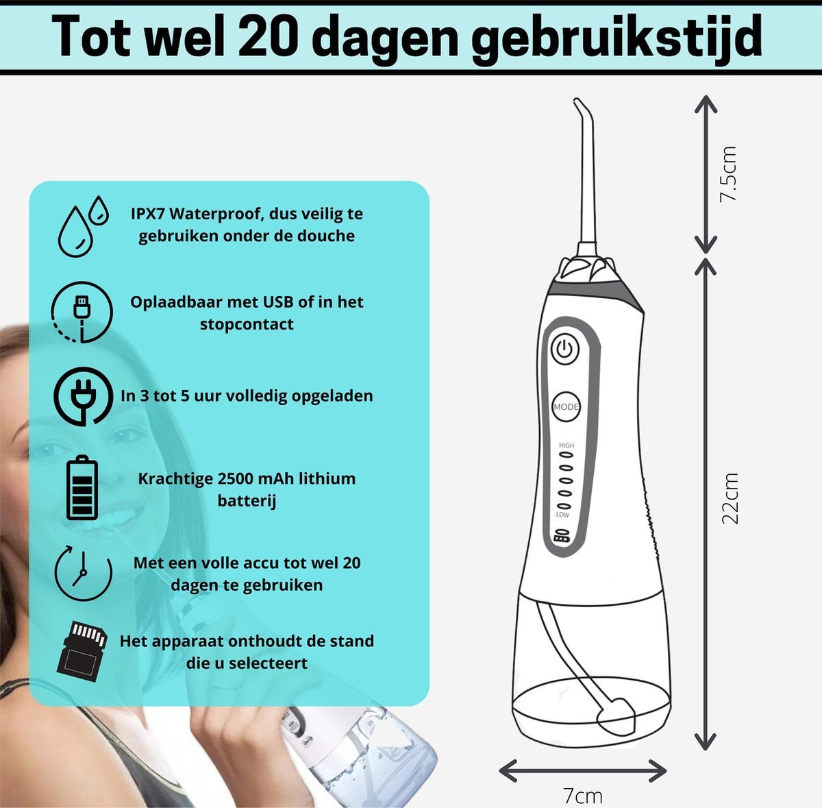 BOME Water Flosser with 7 Attachments - Oral Wash - Prevent Tartar - Cordless - 5 Stages - White