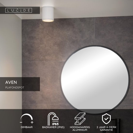 Lucide AVEN - Spot de plafond (lampe de plafond) pour salle de bains - Ø 9 cm - 1xGU10 - IP65 - Blanc
