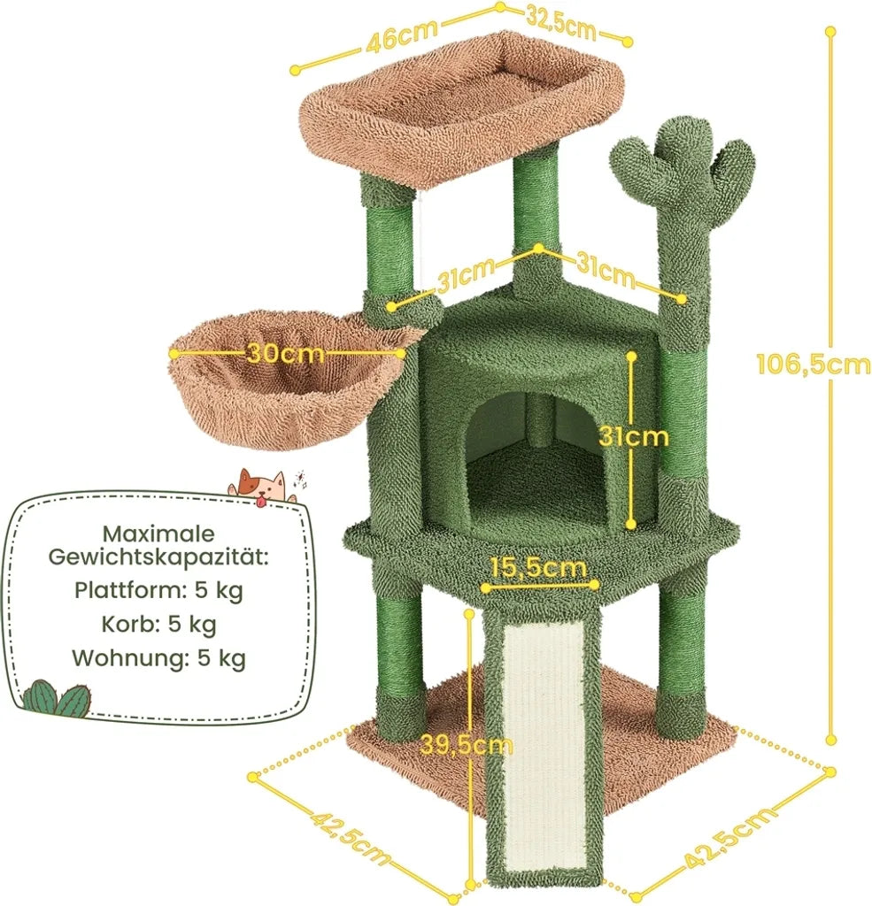 Yaheetech Arbre à chat « Kaktus » XS 42,5 x 42,5 x 106,5 cm - Vert/Marron - Arbre à chat avec maison, panier suspendu et poteaux en sisal