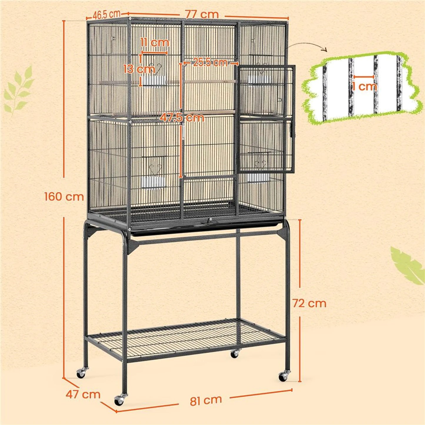 Yaheetech Cage à oiseaux avec base mobile - équipée d'une cage amovible, de six portes d'accès et d'une étagère de rangement - pour perruches et perruches faucons - métal noir martelé - 81 x 47 x 160 cm