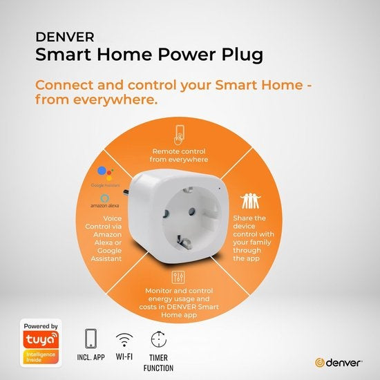 Denver Smart Plug avec compteur d'énergie - Mise à la terre - Minuteur - Prise intelligente - TUYA - Fonctionne avec Amazon Alexa et Google Home - Wifi - Pour iOS et Android - SHP102