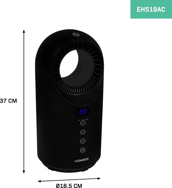 VONROC Radiateur électrique - radiateur soufflant - 1000W/1500W - sans pales - Céramique - 3 niveaux - Télécommande incluse - fonction swing - thermostat et minuterie - 15m2 - noir