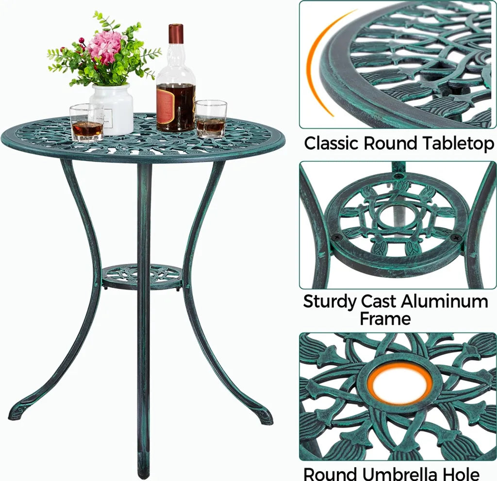Ensemble de jardin Yaheetech 3 pièces style bistrot - Vert - Ensemble de jardin en aluminium comprenant 2 chaises et une table avec trou pour parasol