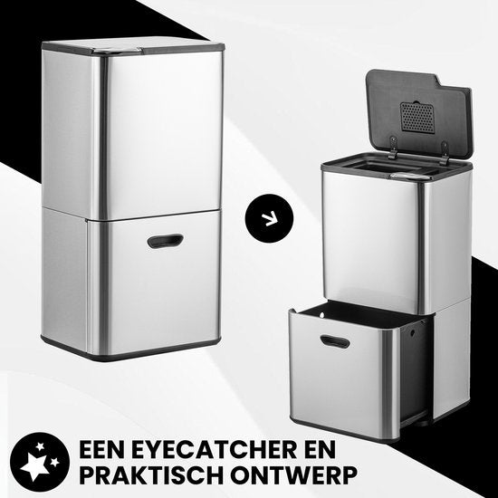 Bayt Poubelle 60 litres - Poubelle 60 litres - Séparation des déchets - 2 compartiments - Acier inoxydable - Argent