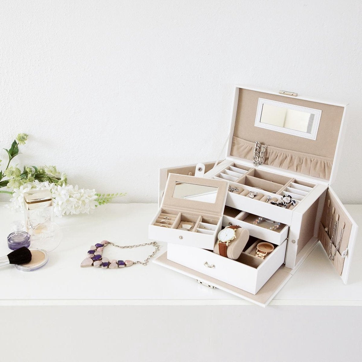 LifeGoods Boîte à bijoux XL - Boîte à bijoux - 20 compartiments - Blanc/Beige