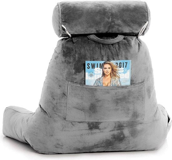 Ella® Leeskussen met Nekrol - Relax Kussen - Zitkussen - Onderrug Ondersteuning - Lekker Lui Lezen Kussen - Fluweel Lichtgrijs