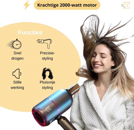 BAESS Sèche-cheveux avec diffuseur - Sèche-cheveux de voyage pliable - Sèche-cheveux ionique - 2000W - Coolshot - Boucles - Sèche-cheveux - Sèche-cheveux - Gris
