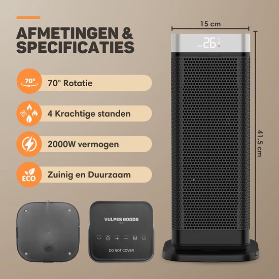 Vulpes Goods® Tech - Réchaud électrique - Réchaud à ventilateur - Réchaud en céramique - 4 niveaux - 2000W - Minuterie, télécommande et thermostat - Chauffage - Chauffage électrique pour l'intérieur - Noir