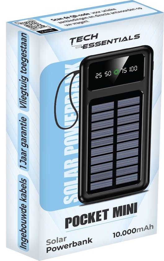 Tech Essentials Pocket Mini Solar Powerbank 10000 mAh - Avec câbles intégrés - USB-C - Alimentation solaire - Panneau solaire - Chargeur - Urgence - Noir