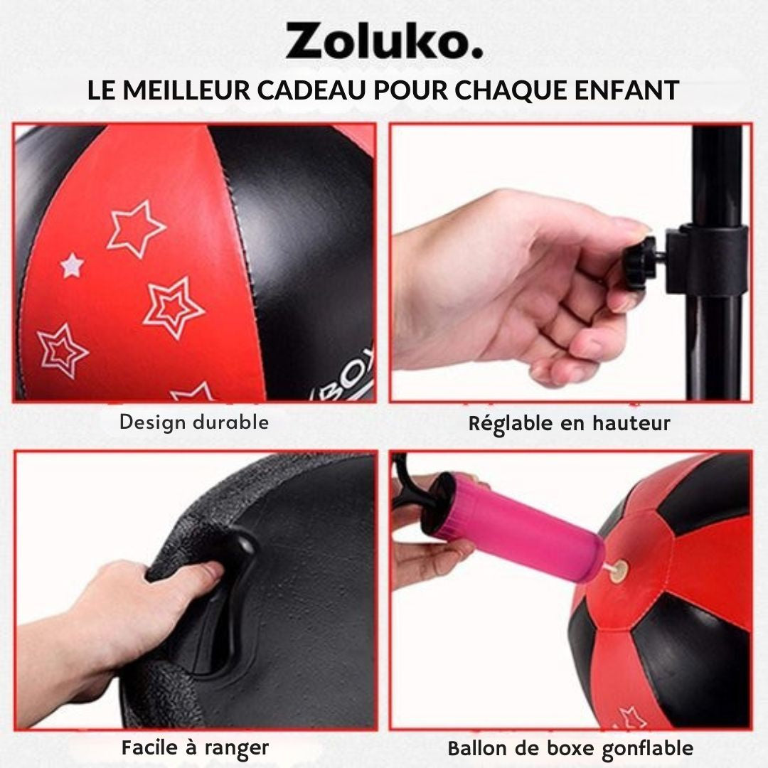 Ballon de boxe sur pied pour enfants Zoluko - Gants de boxe et pompe gonflable inclus - Hauteur réglable - Pour l'intérieur et l'extérieur - noir/rouge