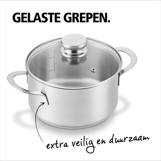 BRABANTIA ENJOYMENT Casserole - Ø 24 cm - Acier inoxydable - Couvercle en verre - Sans PFAS - Compatible avec l'induction