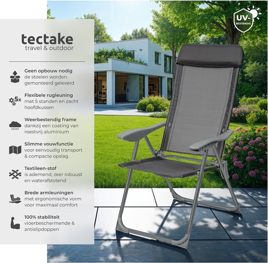 tectake®- Lot de 4 chaises de jardin avec dossier haut - Aluminium - Chaise pliante réglable en 5 sens avec accoudoirs - Fauteuil avec fonction inclinable - Mobilier de jardin pour la terrasse et le camping - Anthracite
