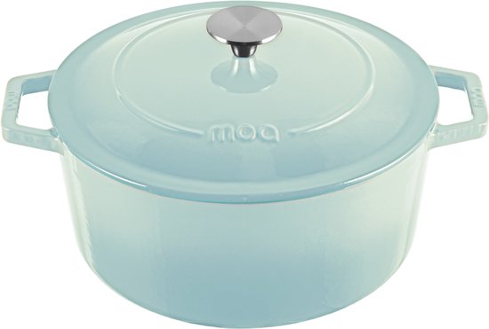 MOA Casserole en fonte - 5,7L - Pour toutes les sources de chaleur y compris l'induction - Avec couvercle - Ø 26cm - Revêtement antiadhésif - Bleu clair