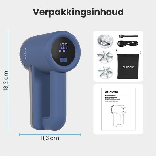 Auronic Electric Lint Remover Pro - Tondeuse à peluches - Autonomie 120 minutes - Rechargeable - Affichage LED - Défoliateur - Bleu