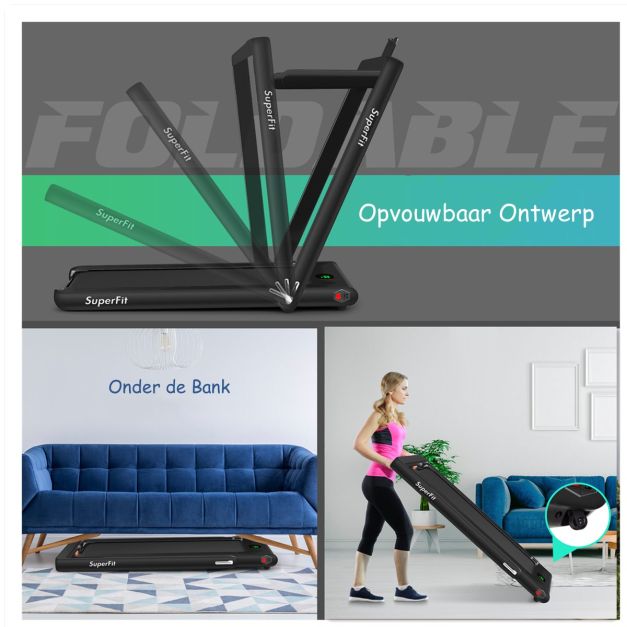 Tapis de course pliable 2 en 1 - électrique, silencieux et compact - 1 à 12 km/h - avec affichage LED et télécommande - noir